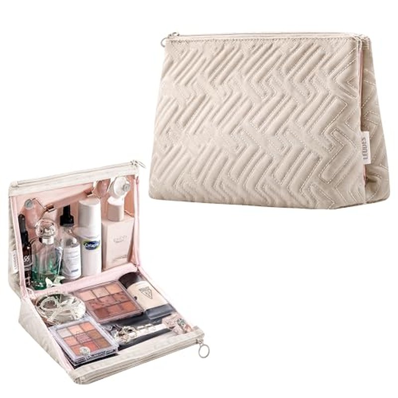 Leudes Makeup Bag Travel Essentials Cute Skincare Pouch Purse Cosmetic Bags for Women Traveling Make Up Organizer Portable Clear Case Toiletry Bag with Zipper (Camel, Large)