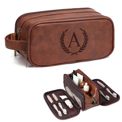 Men's PU Leather Travel Toiletry Bag with Engraved Initials, Waterproof, Red Brown A