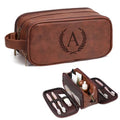 Men's PU Leather Travel Toiletry Bag with Engraved Initials, Waterproof, Red Brown A