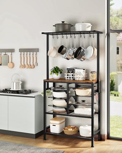 CHOEZON Rustic Brown & Black Multi-Tier Pot & Pan Organizer Rack with Hooks