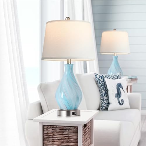 Blue Gray Accent Table Lamp Set of 2 with USB Ports, Dimmable Touch Control, 22-Inch Art Glass Nightstand Lamps
