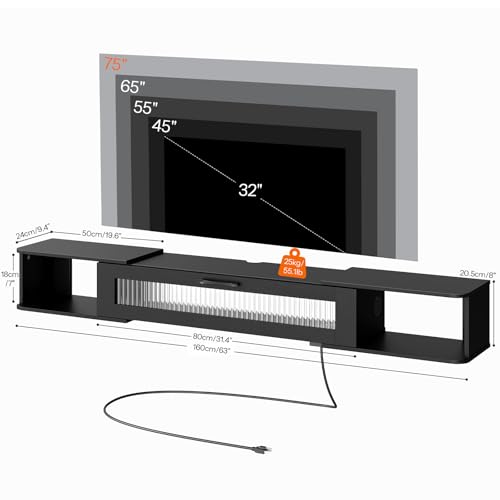 63 Inch Floating TV Stand with LED Light Wall Mount Power Outlet Black