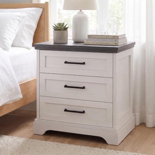 White Farmhouse 3 Drawer Nightstand with Charging Station - Wood & USB Power Hub (23.6''L x 18''W x 24.3''H)