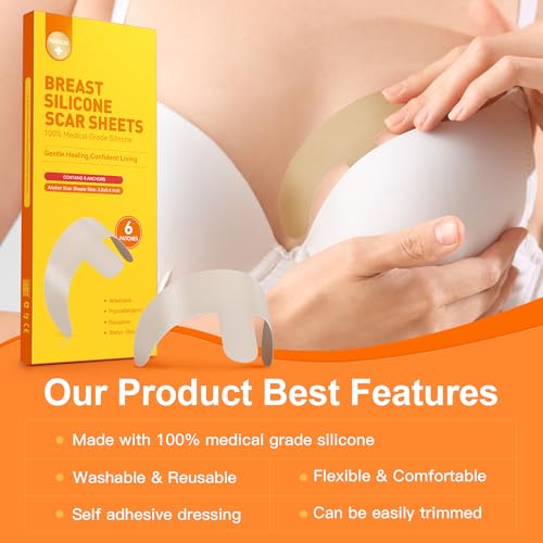 Silicone Scar Sheets for Breast - 6 Pack, Anchor Design for Precise Fit, Medical Grade & Reusable Breast Silicone Scar Tape for Surgical Scars (Yellow)