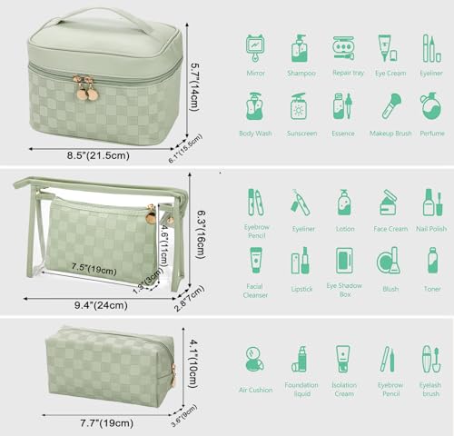 Waterproof Leather Makeup Bags Set of 4 - Green Variation - Travel Organizer for Cosmetics & Toiletries
