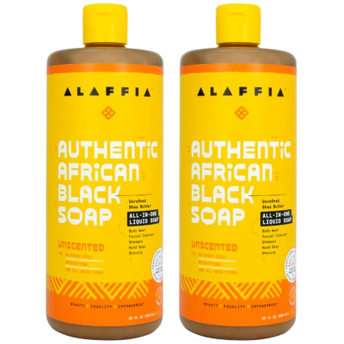 Alaffia Authentic African Black Soap, Unscented, 2-Pack ? All-in-One Moisturizing Cleanser for Face, Hands, Body & Hair, 32 Oz Ea