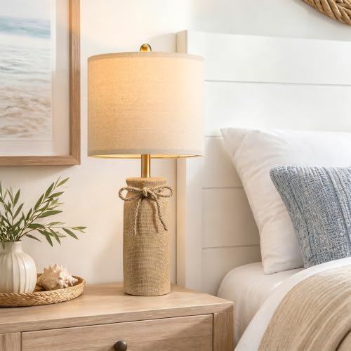 BOBOMOMO Burlap Beige 25.5" Boho Resin Woven Table Lamps Set of 2 for Bedroom & Living Room