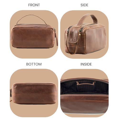 Handmade World Leather Toiletry Bag for Men - Genuine Full Grain Leather Dopp Kit ¡°Golden Oak¡± - Large Travel Shaving Kit Organizer Grooming Bag