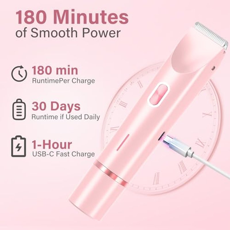 2-in-1 Women's Electric Razor & Bikini Trimmer - Painless Smooth Shave & Gentle Pubic Hair Removal - Dual Ceramic Blades, IPX7 Shower-Proof - Cordless for Sensitive Skin