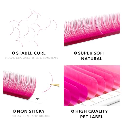 Colored Lash Extensions, 16 Rows Cashmere lash extensions, 0.07 C Curl 12-15mm Classic Lashes Extensions, Single Lash Extensions for Professional Salon Use(0.07-C-Pink Gradient 12-15mm£©