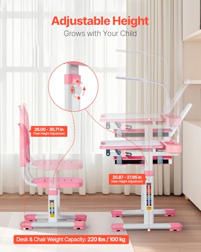 Kids Study Desk and Chair Set with Tilting Desktop and Table Lamp - Pink, Adjustable Height