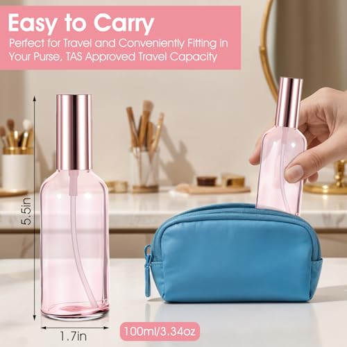 Pink Glass Spray Bottles Set - Refillable 3.4 Oz Fine Mist Atomizers for Perfumes & Essential Oils
