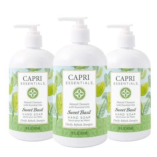 Capri Essentials Hand Soap Liquid, Natural Household Cleaning Supplies, Gentle Plant Based Aromatic Hand Wash with a Blend of Essential Oils, Removes Dirt & Grime, Sweet Basil Scent, 16 FL Oz (3 Pack)