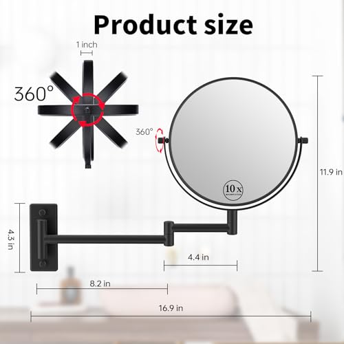 8-Inch Wall Mounted Makeup Mirror - Matte Black No Lights, 1X & 10X Magnification