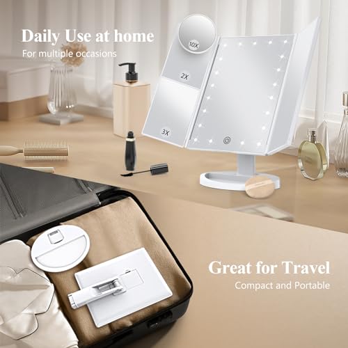 HUONUL Makeup Mirror, Vanity Mirror with Lights, 2X/3X/10X Magnification, Touch Control, Trifold, Dual Power Supply, Gifts Mothers Day for Mom,Gifts for Women, Wife, Girls,Dorm Room Essentials
