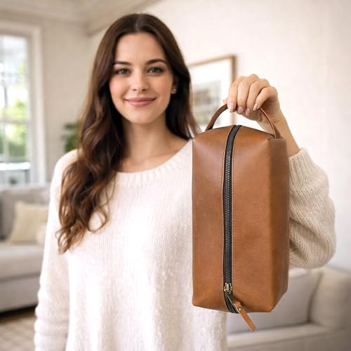 Buffalo Leather Travel Toiletry Bag - Tan Dopp Kit for Men & Women, Organizer with Zipper