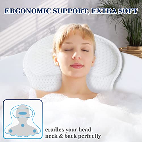 Bath Pillow Bathtub Pillow, Luxury Bath Pillows for Tub Neck and Back Support, Bath Tub Pillow Headrest with Soft 4D Mesh Fabric and Non-Slip Suction Cups, Relaxing Bath Accessories Spa Gifts