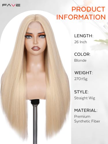 FAVE 26 Inch Blonde Straight Wig for Women - Long, Natural-Looking, Middle Part - Variation of Blonde