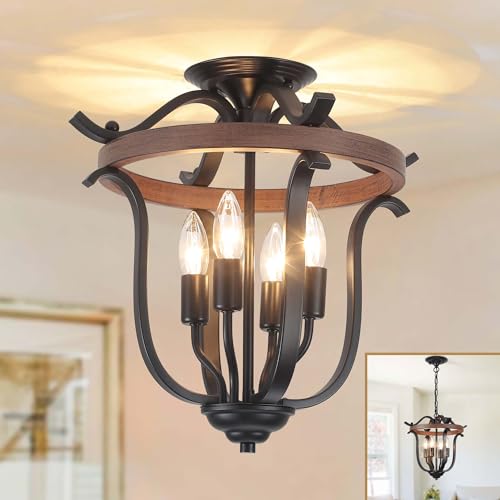 Yarlkav Farmhouse 4 Light Cage Chandelier - Black & Imitation Wood Grain Rustic Pendant Light Fixture, Dimmable Ceiling Light for Dining & Kitchen