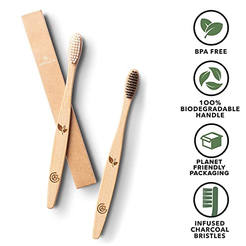 24 Pack Bamboo Toothbrushes for Adults - Eco-Friendly Wooden Toothbrush with Charcoal Soft Bristles, Includes Travel Case