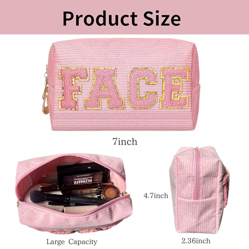 SEAMOON Pink Cosmetic Bags - 2 Pcs Corduroy Chenille Pink Letter Bag, Make Up Bag for Teens & Women, Ideal for Travel & Gifts