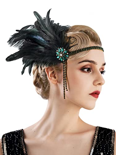Green 1920s Flapper Headpiece Rhinestone Pearl Feather Headband for Gatsby Party