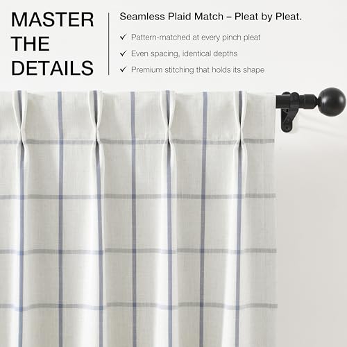 Vision Home Blue Plaid Linen Pinch Pleated Blackout Curtains 40W x 95L – Pack of 2