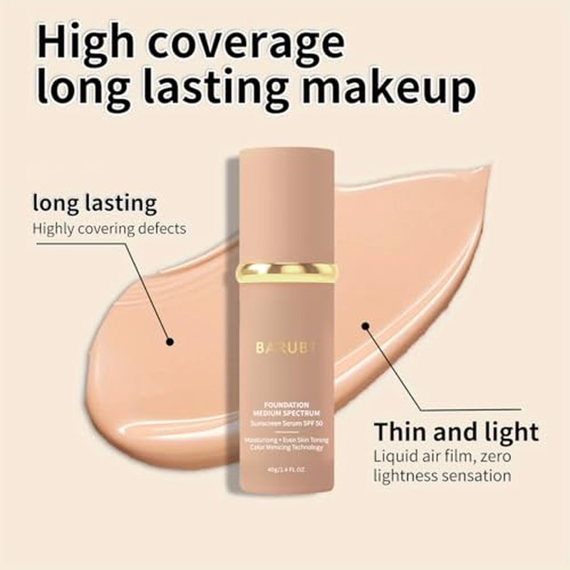 4 in 1 Color Changing Foundation Liquid with SPF 50 - Full Coverage Concealer, Medium Spectrum Foundation Makeup Cream Moisturizing Nourishing, Waterproof, for All Skins Women&Men 1.41 FL.OZ