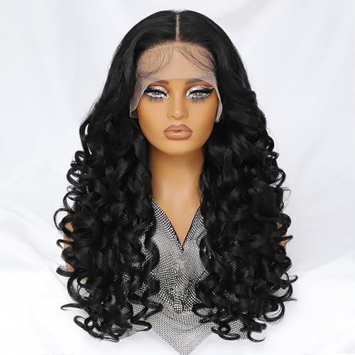 Felek 24 Inch Off Black Synthetic Lace Front Wig 13x6 Curly Natural Style