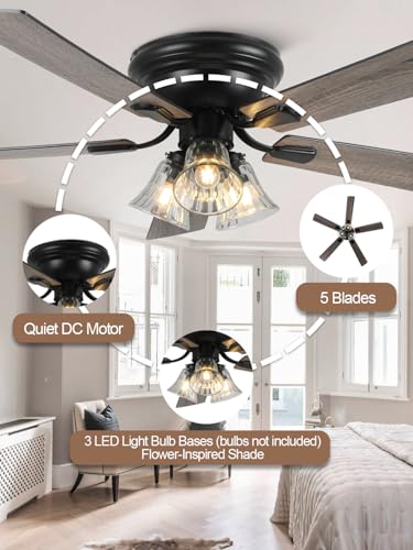 Vintage 52 Inch Flush Mount Ceiling Fan with Lights & Remote - Farmhouse Rustic Style