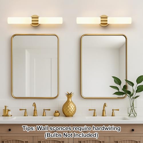 Hardwired Wall Sconces Set of Two - Modern Bathroom & Living Room Lighting with Milky White Glass - Brushed Gold & 22 Inch Variation