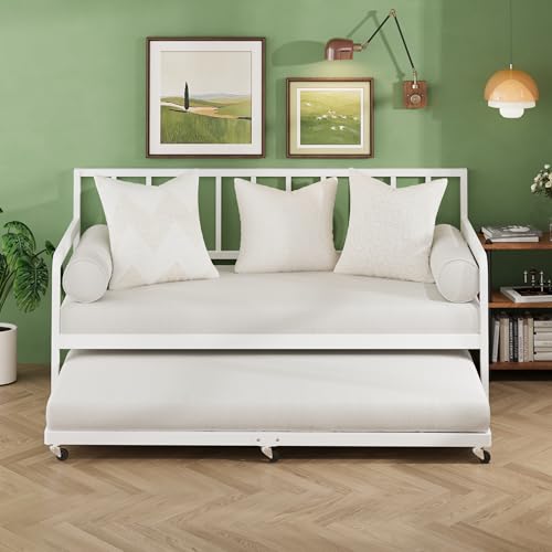 Lutown-Teen White Twin Trundle Bed Frame with Lockable Wheels