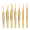 EKYSSO Gold Eyelash Tweezers Kit 7 Pcs for Lash Extensions, Professional Lash Tools