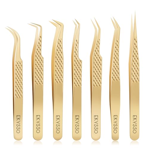 EKYSSO Gold Eyelash Tweezers Kit 7 Pcs for Lash Extensions, Professional Lash Tools