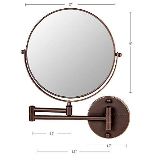 OVENTE 9" Wall Mounted Makeup Mirror with 1X/10X Magnification, Double Sided Magnifying Round Bathroom Vanity Mirror, 360¡Æ Swivel Design, Extendable and Folding Arm, Antique Bronze MNLFW90ABZ1X10X