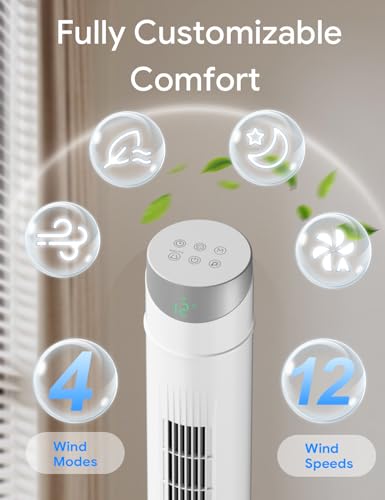 White 42-Inch Smart Tower Fan with DC Motor, App & Voice Control