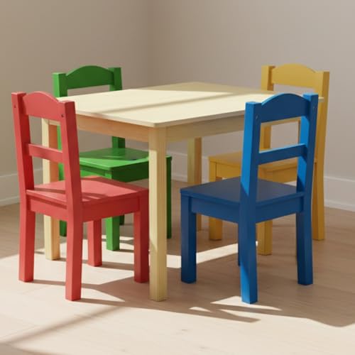 Humble Crew Natural Toddler Table and 4 Chair Set, Wood Kids Activity Furniture