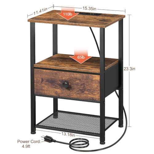 LOAKEKEL Brown Nightstands Set of 2 with Charging Station - Modern Bedroom Side Tables