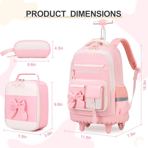 Girls Rolling Backpack with Wheels - Beige Pink School Bag Set with Lunch & Pencil Case
