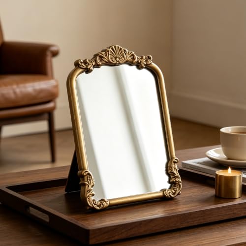 Vintage Small Vanity Mirror with Stand - Gold 12L x 8.5W Antique Table Desk Mirror