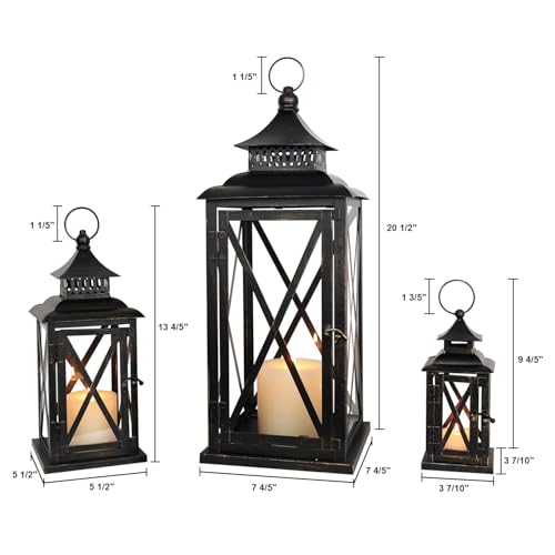 Black 3-Piece Vintage Lantern Set - 20'', 13'', 9'' Indoor & Outdoor Candle Holders