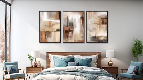 Large Canvas Wall Art Set - 16x24 Inches Brown Beige Abstract Prints - 3 Pieces Framed