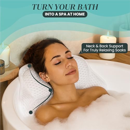 Bath Pillows for Tub ? Luxury 4D Air Mesh Bathtub Pillow with Non-Slip Suction Cups, Head & Neck, Upper Back Support, Quick-Dry, Machine Washable Spa Gift