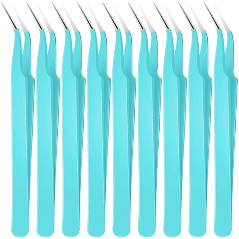 Honoson 9 Pieces Curved Pointed Craft Tweezers Stainless Steel Precision Tweezer with Protective Cover for Rhinestones Dried Flowers Craft Stickers Eyelash Extension Jewelry Making(Blue)