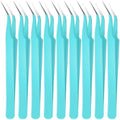 Honoson 9 Pieces Curved Pointed Craft Tweezers Stainless Steel Precision Tweezer with Protective Cover for Rhinestones Dried Flowers Craft Stickers Eyelash Extension Jewelry Making(Blue)