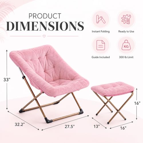 Pink Oversized Saucer Chair with Ottoman - Faux Fur Lounge Chair for Adults
