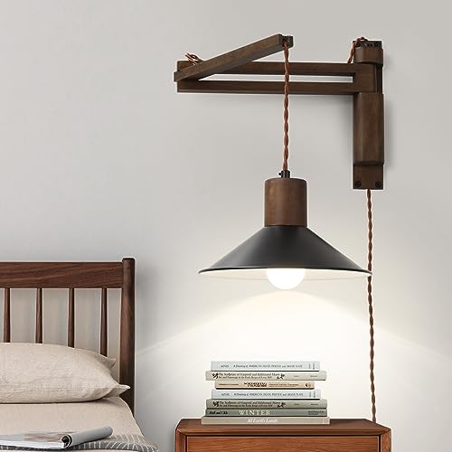 Black Wood Plug-in Wall Lamp with Adjustable Swing Arm - Farmhouse Bedroom Lighting