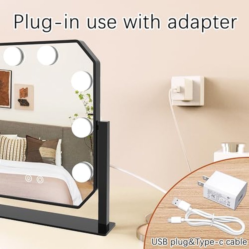 Hollywood Vanity Mirror with Lights - LED Makeup Mirror with 3-Color Dimmable Lights, Smart Touch Control, Detachable 5X Magnifier - Light Up Mirror for Bedroom, Tabletop Make Up Mirror with Lighting