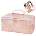 2026 New Makeup Bag for Women Girls,Lace Large Capacity Cosmetic Bag,Open Flat Travel Toiletry Bag,Hollow Out Makeup Organizer Bag With Divider and Handle(Pink)