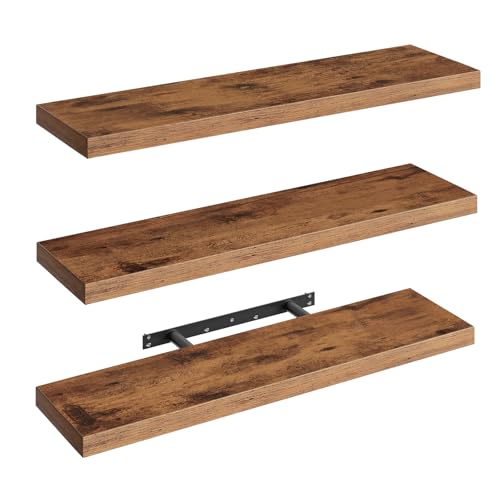 Rustic Brown Floating Wall Shelves Set of 3 - 31.5 Inch Thick Wall Storage with Invisible Brackets